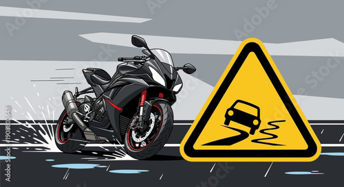 Black motorcycle on road with warning sign illustration