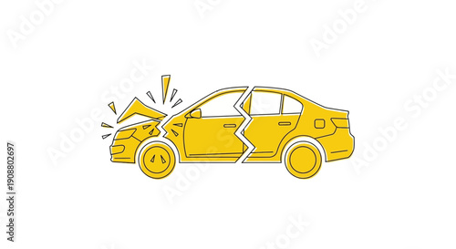 Broken yellow car illustration with damage on white background for safety concepts