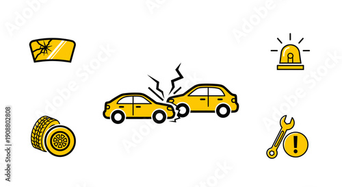 Car accident icons automotive damage warning symbols on white background