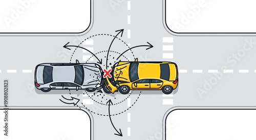 Car accident illustration collision at intersection with damage symbols