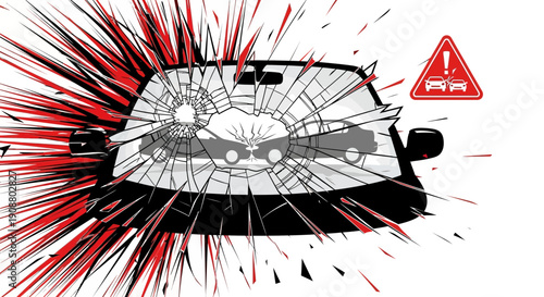 Car accident illustration broken windshield and warning sign