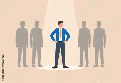  The chosen one, HR, human resources recruiter choosing best candidate or hiring manager choose winner talent concept, stand out confident businessman with spotlight with other fade out candidates