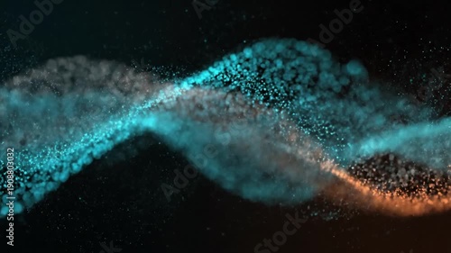 Blue Particles Wave Motion on Black Background.