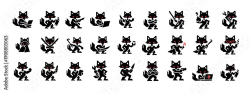 Collection of Black and White Fox Character Icons with Various Poses and Objects