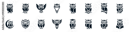 Collection of Stylized Owl Icons Representing Wisdom and Knowledge