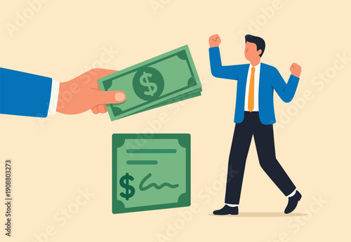 Getting paid, salary, wages payment or bonus, reward or employee benefits, tax refund or investment profit earning, loan or mortgage concept, business man hand giving money banknote to happy employee.