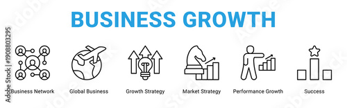 Business Growth web banner icon concept,  with Business Network, Global Business, Growth Strategy, Market Strategy, Performance Growth, Success.