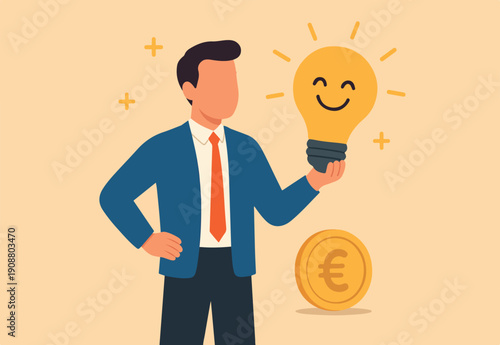 Positive thinking, optimistic mindset or good attitude to success in work, always get idea to solve any problems concept, happy businessman holding smiling lightbulb idea with positive vibes around.