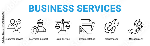 Business Services web banner icon concept,  with Customer Service, Technical Support, Legal Service, Documentation, Mainten.