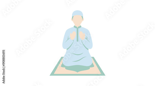 Muslim man praying on a prayer mat with hands together.