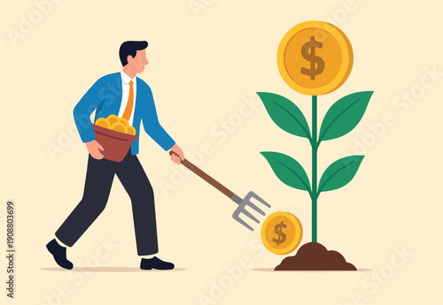Investment growth, wealth management or savings to gain interest, passive income or harvest profit or dividend, earning money or prosperity concept, businessman help grow money and harvesting profit.