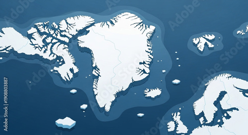 A clean, 3D isometric stylized map showing Greenland, Iceland, and parts of Northern Europe in a blue and white color palette.