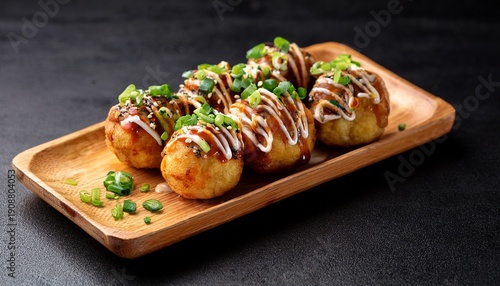 Takoyaki Balls On A Wooden Plate With Sauce And Green Onions On Top