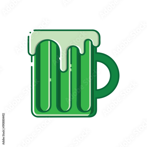 Vector illustration. Flat icon with green glass beer mug with foam on transparent background. Concept of St. Patrick's Day, 17 march, alcohol drink, Irish pub, bar, brewery, Oktoberfest festival, luck