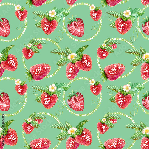 Seamless pattern with strawberries, green leaves, small white flower, openwork circle. Watercolor illustration. Endless pattern is printable. Suitable for wallpaper, fabric, romantic wrapping paper