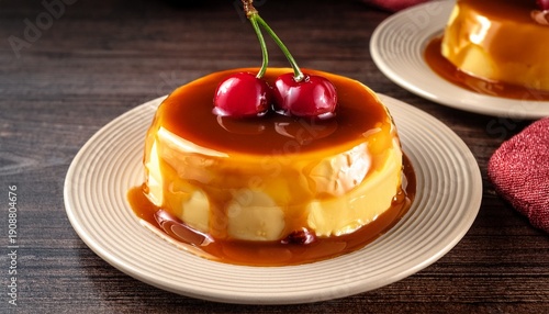 Quesillo Venezolano Cubierto Con Caramelo Y Cerezas Para El Postre