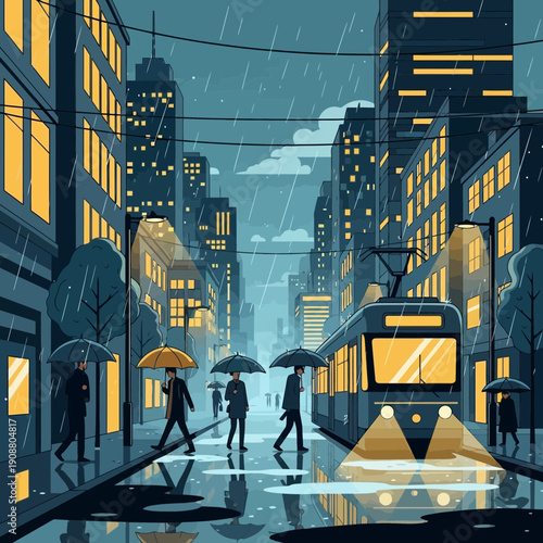 City street rainy day tram passing people with umbrellas reflections