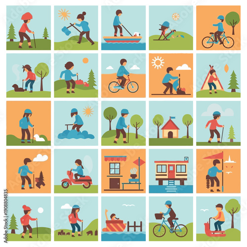Family Outdoor Activities Collage: Hiking, Biking, Camping, Boating, Scootering