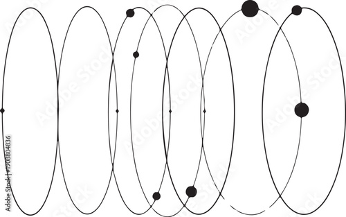 Minimalist black and white elliptical shapes with dots and lines