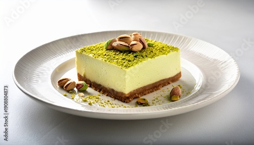 Elegant Pistachio Cheesecake On White Plate