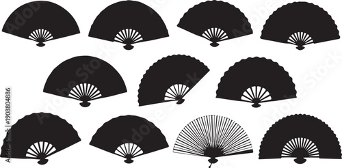 Black and white hand fans arranged in a grid pattern