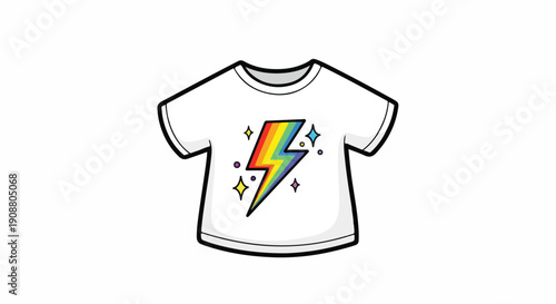 A white t-shirt with a colorful lightning bolt design and sparkles on a plain white background.