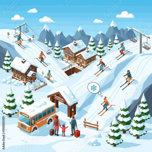 Ski resort village with skiers, cable cars, and tourists arriving by bus