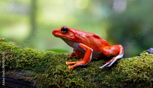 Red Frog Sitting On A Mossy Log In A Natural Environment Outdoors