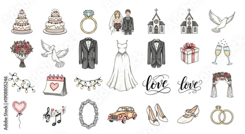 Watercolor Wedding Icons Set – Bride Groom Rings Cake Love Clipart