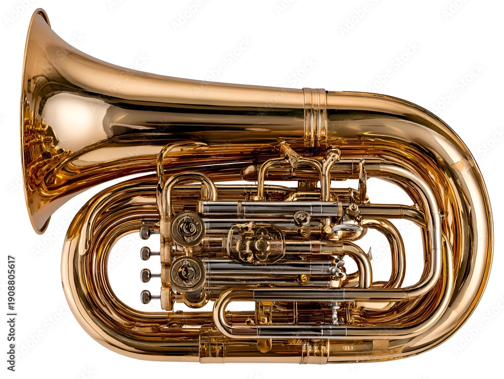Obraz premium A shiny brass sousaphone with detailed valves and tubing curves isolated on white, ready for a marching band or musical performance today.