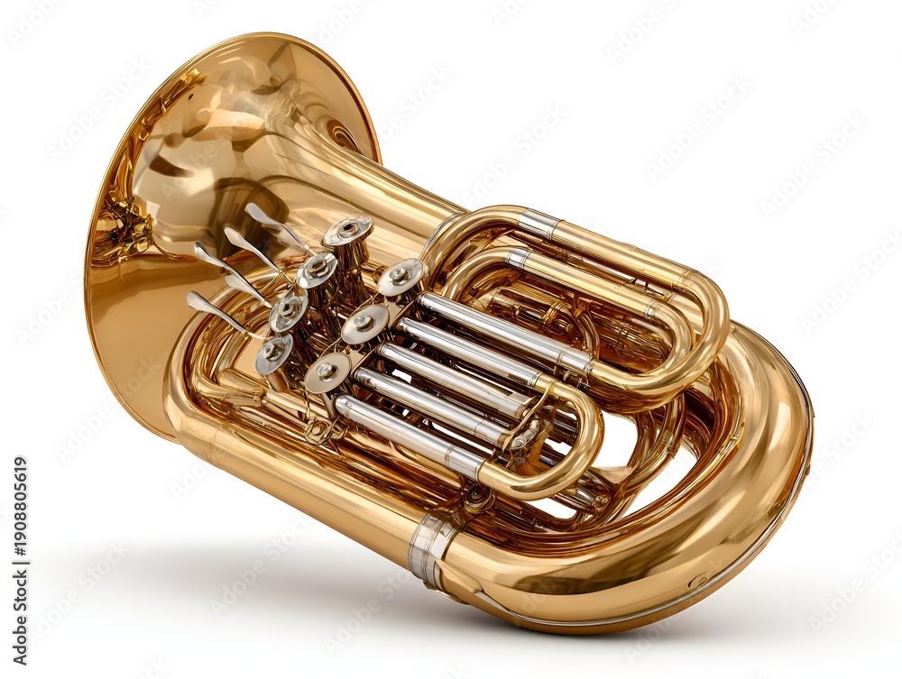 Obraz premium The gleaming golden tuba, a large brass instrument with intricate tubing and valves, rests elegantly on a clean, bright white background stage.