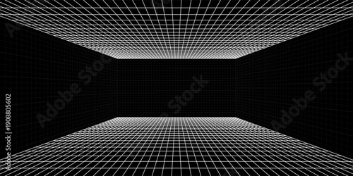 Futuristic perspective grid box. Abstract wireframe with white grid line on black background. Virtual reality landscape in 80s 90s digital style. Vector