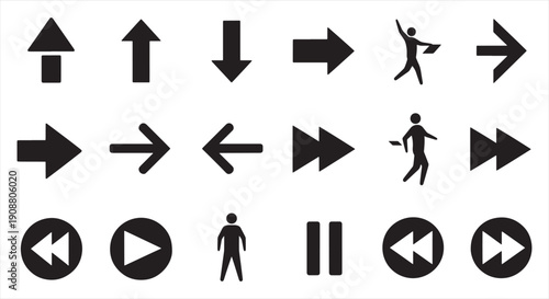 Directional Arrow Control Icons – UI Navigation and Multimedia Button Symbol Set
