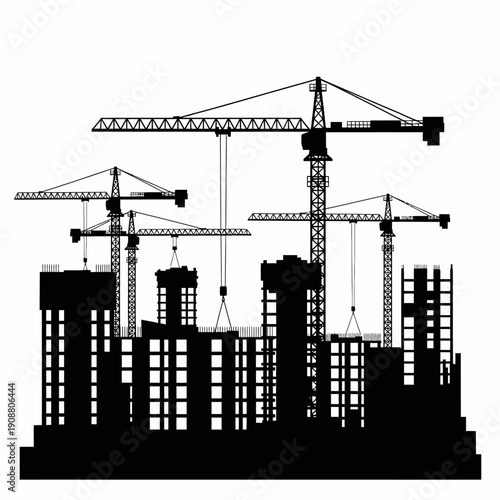 A black silhouette depicting a cityscape with multiple construction cranes