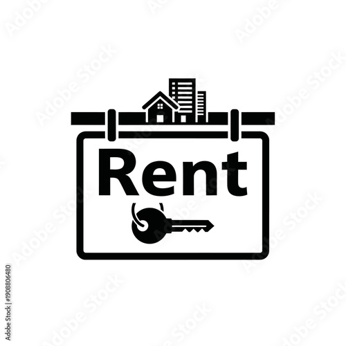 Black and white rental advertisement featuring a house key and city skyline