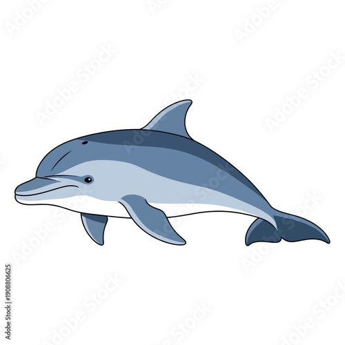 Cartoon illustration of a blue dolphin swimming gracefully on a white background
