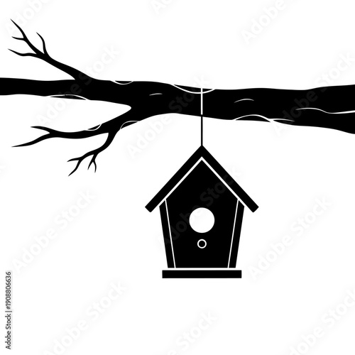 A simple black silhouette of a birdhouse hanging from a branch
