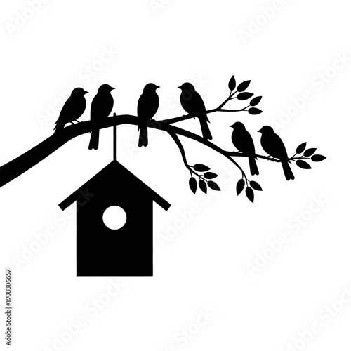 Silhouetted birds perched on a branch above a birdhouse