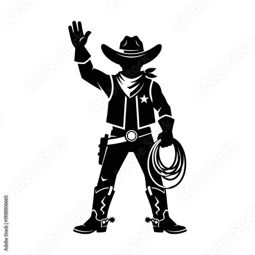 Silhouette of a cowboy waving holding a lasso and revolver
