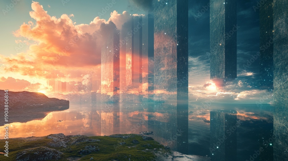 Obraz premium A surreal sunset over a mirrored futuristic city