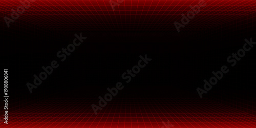 Futuristic perspective grid box. Abstract wireframe with white grid line on black background. Virtual reality landscape in 80s 90s digital style. Vector illustration.