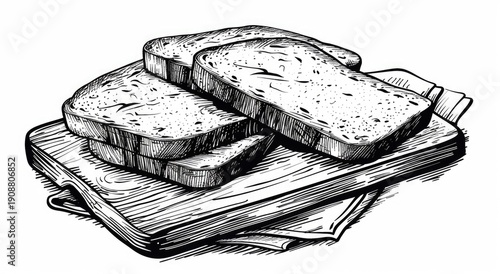 Hand-drawn slices of bread on a wooden cutting board with a napkin, black and white illustration