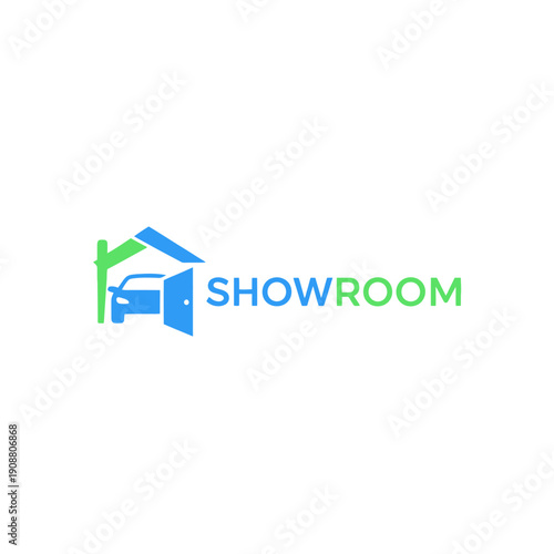 A modern logo depicting a car within a house shape labeled showroom