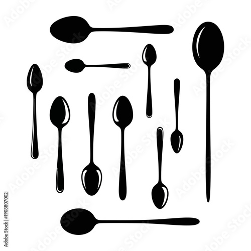 Collection of black silhouette spoons in various shapes and sizes