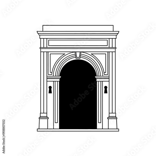 A black and white line drawing of an ornate arched doorway
