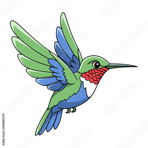 A vibrant cartoon hummingbird in mid flight with colorful plumage
