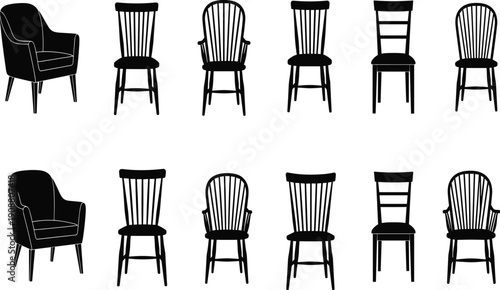Chair vector illustration, black silhouette artwork, furniture design graphic, interior decor drawing, seating icon pattern, modern home decorative style set