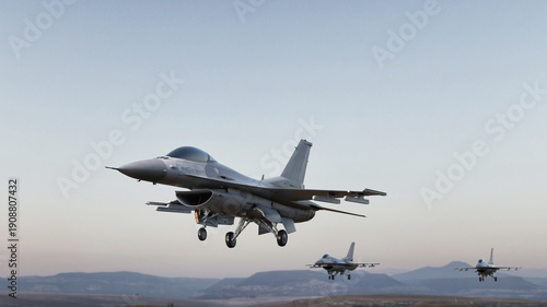 фотографія Fighter jet aircraft landing on the runway with mountains background