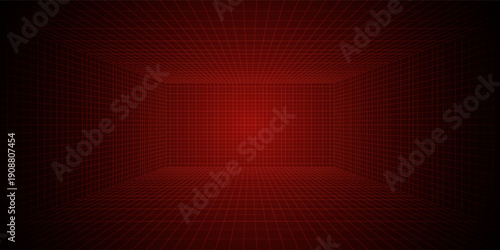Futuristic perspective grid box. Abstract wireframe with white grid line on black background. Virtual reality landscape in 80s 90s digital style. Vector illustration.