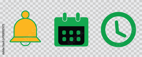 Notification alert icon set with yellow bell calendar and clock symbol icons for reminders and schedule planning on transparent background
